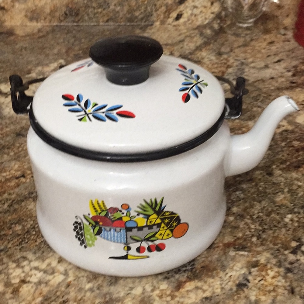 Vintage white enamel tea kettle